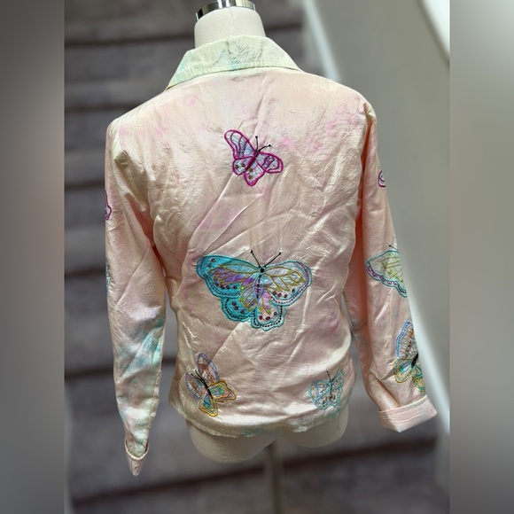 Y2K Parsley & Sage Pastel Tie Dye Silk Embroidered Butterfly Blazer Fairycore - Picture 6 of 16